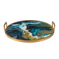 Abstract Blue & Gold Mirror Round Tray with handles