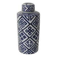 Valora Blue and White Cylinder Jar 35cm. Classical aesthetic with contemporary personality