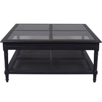 Polo Square Coffee Table Black Flat packed 110. Hamptons style black coffee table with rattan shelf and elegant 4 panel glass top