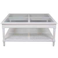 Polo Square Coffee Table White Flat Packed 110. Hamptons style white coffee table with rattan shelf and elegant 4 panel glass top