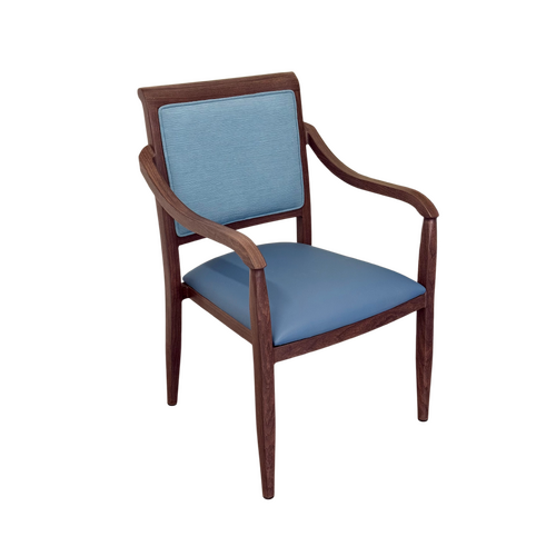 Hugh Dining Chair Stackable. Faux Leather Seat. Backrest in Blue fabric