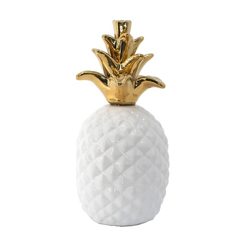 White Pineapple Ornament with a Gold Crown 17cm. With a gold crown