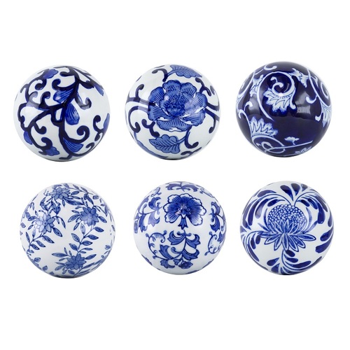 Aline Blue & White Decorator set of 6 balls. Ceramic blue & white decorator balls. This set of spheres adds an adaptable, stylish aesthetic