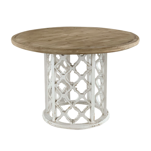 Lattice Farmhouse Dining Table ( Flat Pack For transport) Aged Plywood top and a round pedestal base embellished with mesmerizing cut-out patterns.