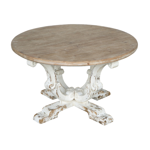 Whitewash Farmhouse Coffee Table (Flatpacked) with Aged Plywood round top easy assembly. Bolts incl.