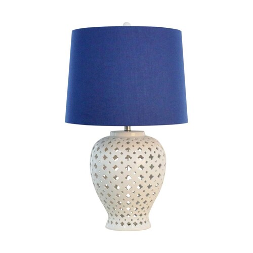Lattice Tall White Table Lamp  W/Blue Shade