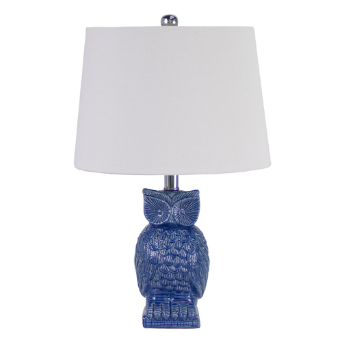 Blue Owl Bedside Lamp mid blue gloss ceramic with shade