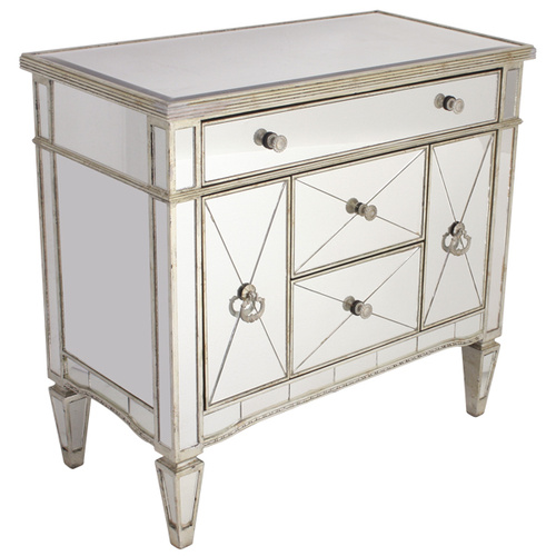 Mirrored Dresser Nightstand Antique Ribbed 5 drawers. showroom sample available