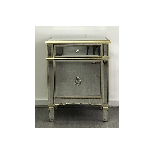 Mirrored Bedside Cabinet Antique 1 Door 1 Drawer
