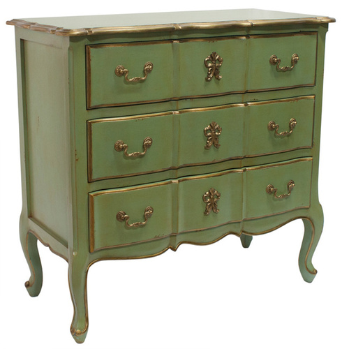 Marie Antoinette Gold accent Chest of Drawers French influence 90. Charming chest of drawers in traditional French colouring of mint green and antique