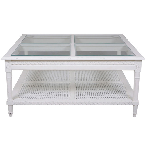 Polo Square Coffee Table White Flat Packed 110. Hamptons style white coffee table with rattan shelf and elegant 4 panel glass top